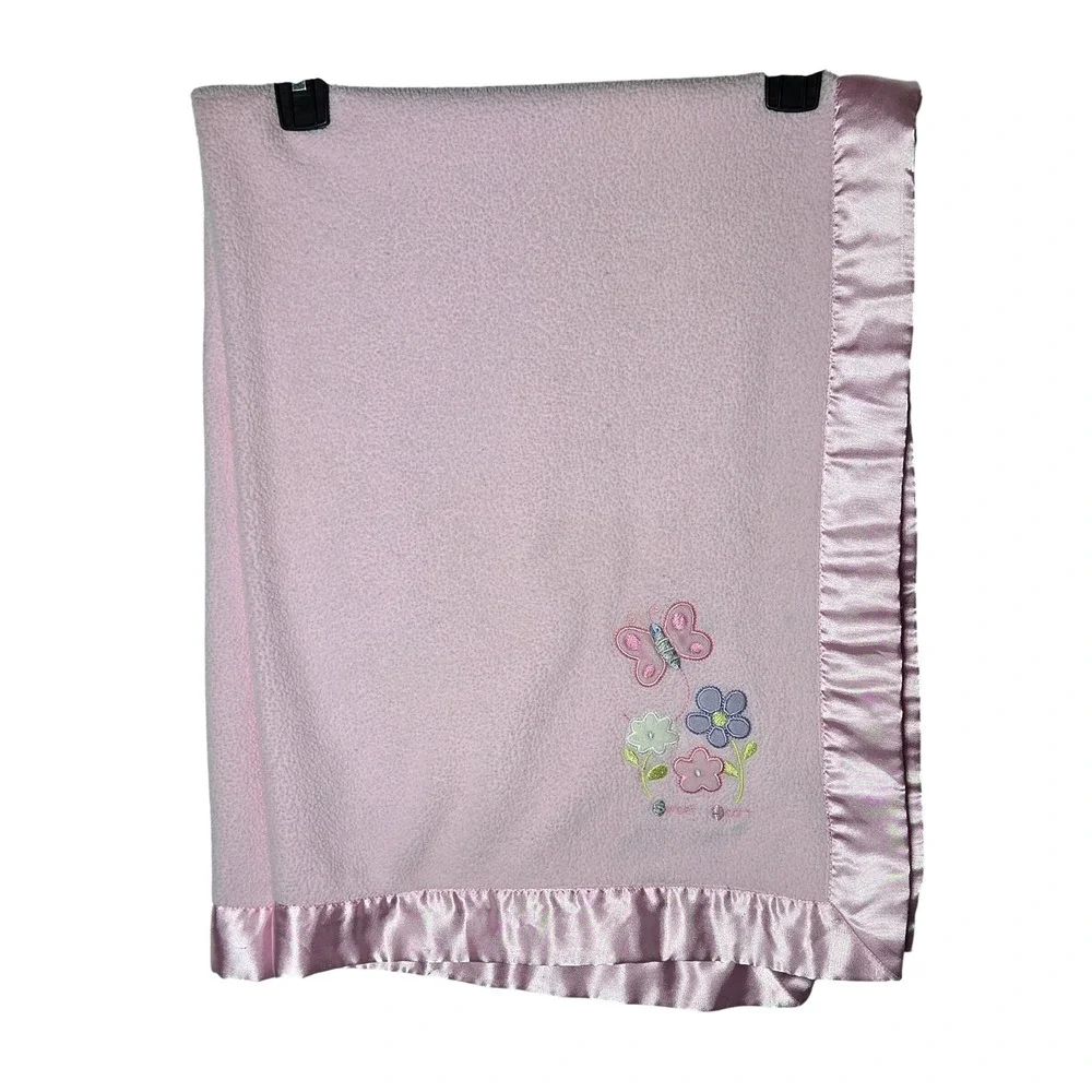 Carters Just One Year Pink Fleece  Satin Trim Baby Blanket Butterfly Security‎